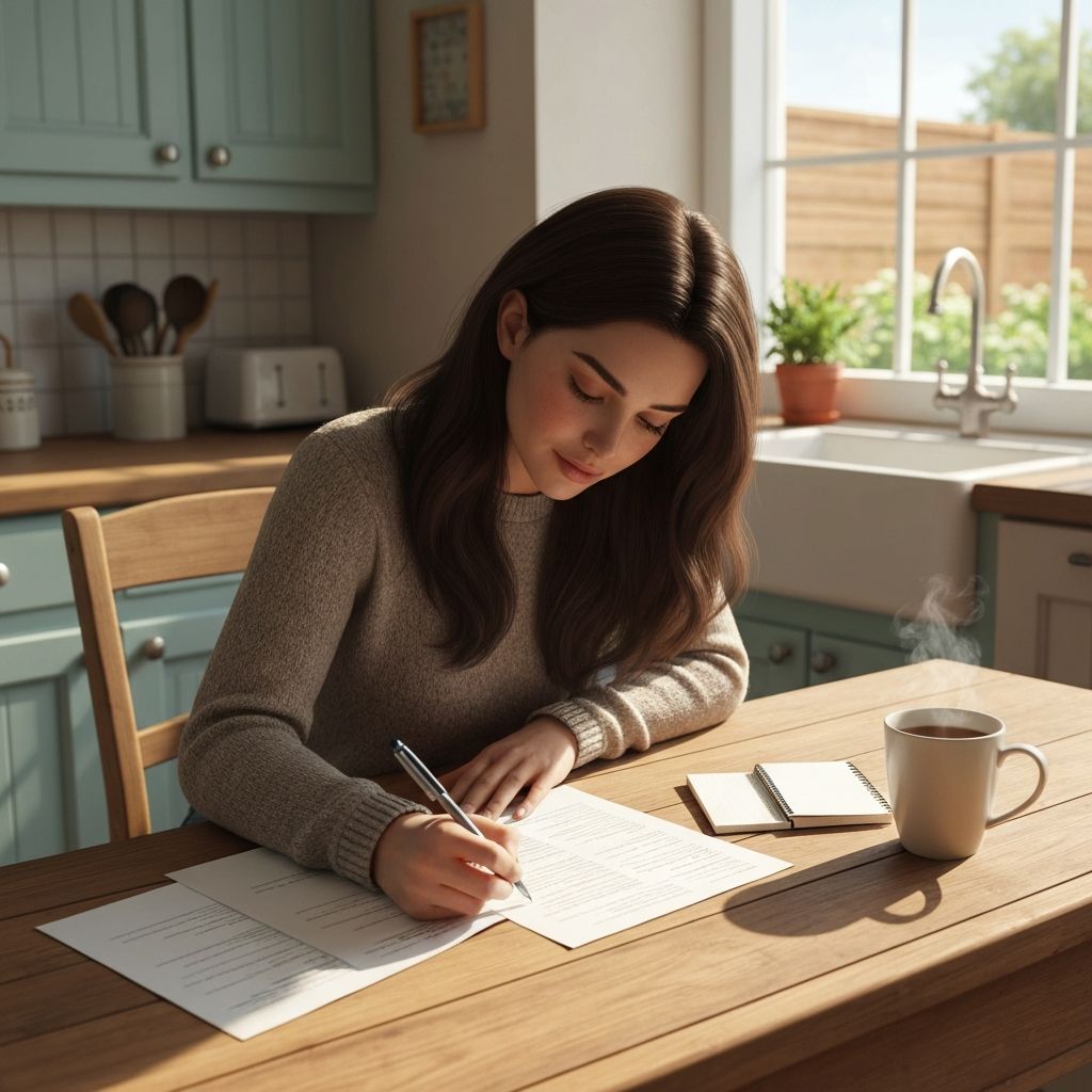 A person writing a shopping list at a kitchen table with a cup of tea
